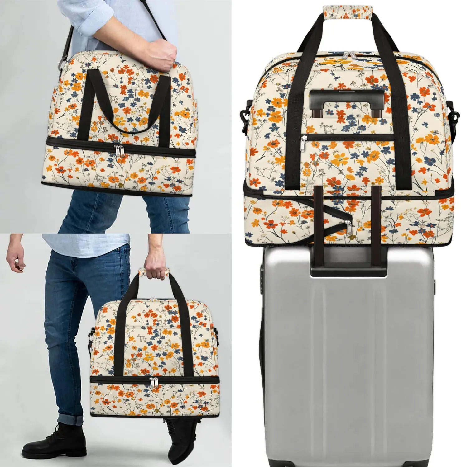 Graceful Flora Beautiful Printings Travel Duffle Bag, Collapsible Travel Bag Sports Gym Bag With Shoes Compartment Weekender Bag Overnight Bag For Women Men