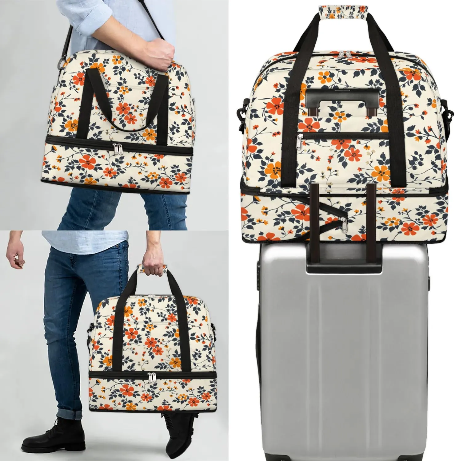 Graceful Flora Beautiful Prints Travel Duffle Bag, Collapsible Travel Bag Sports Gym Bag With Shoes Compartment Weekender Bag Overnight Bag For Women Men
