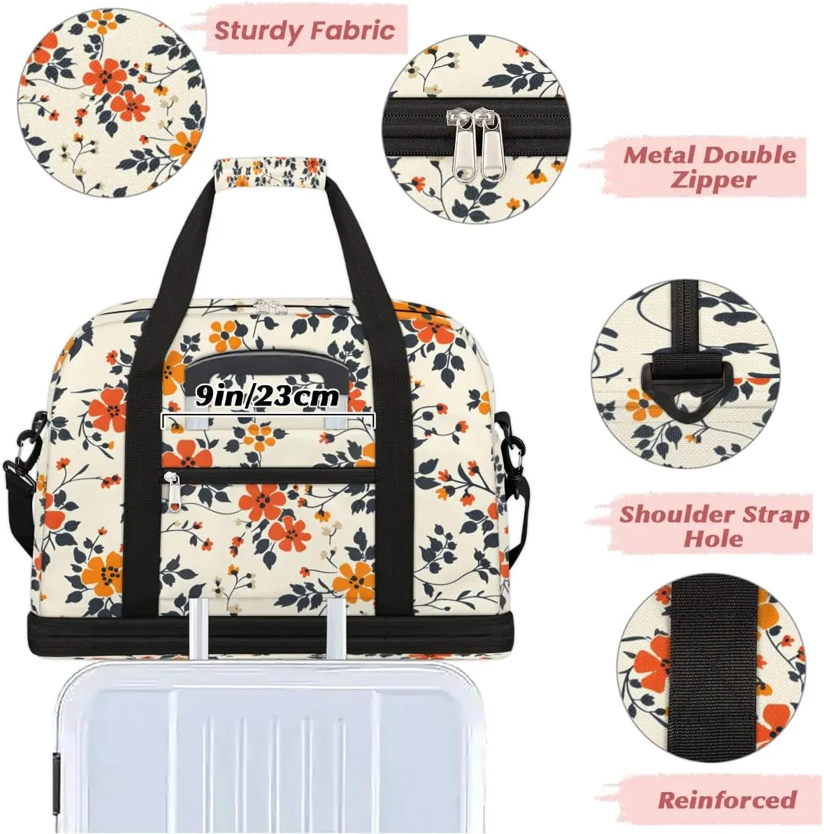 Graceful Flora Beautiful Prints Travel Duffle Bag, Collapsible Travel Bag Sports Gym Bag With Shoes Compartment Weekender Bag Overnight Bag For Women Men