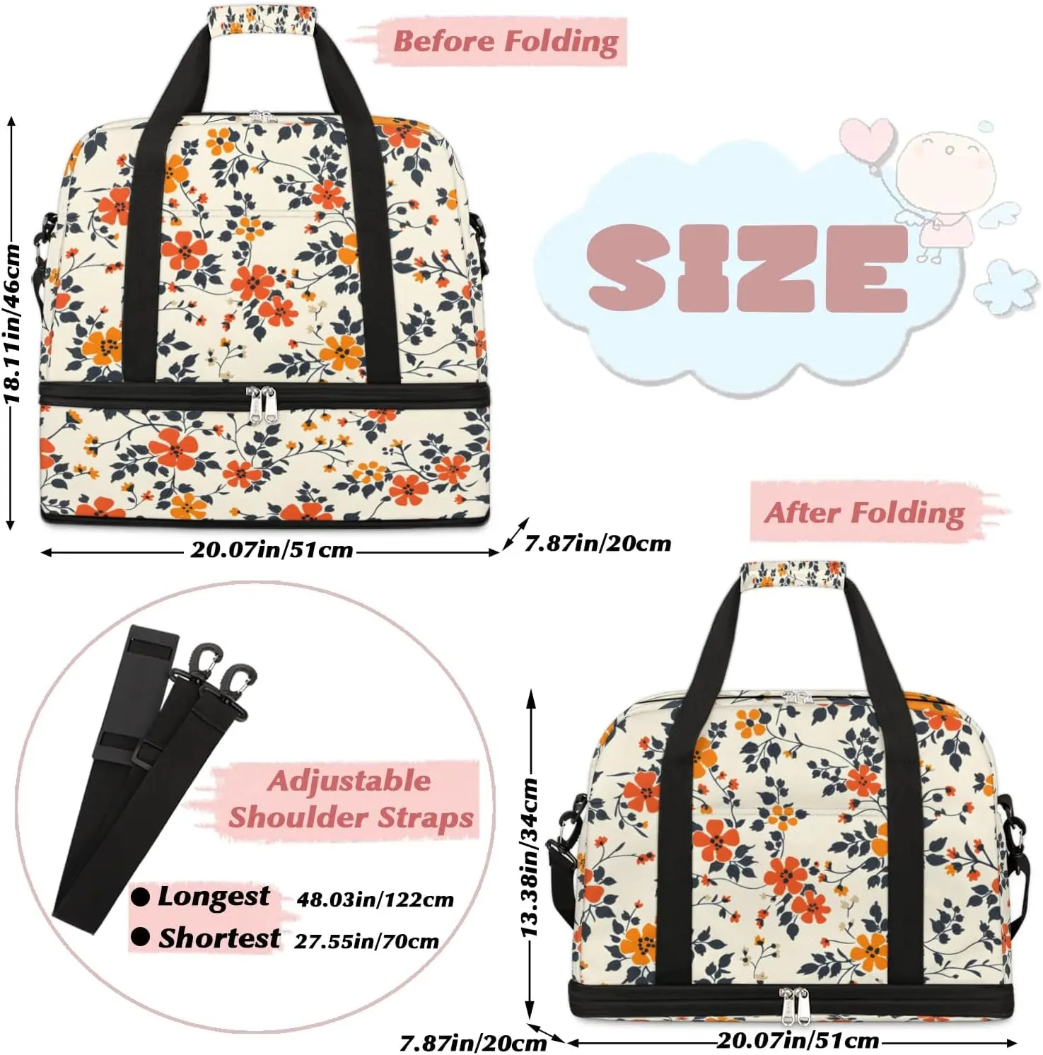 Graceful Flora Beautiful Prints Travel Duffle Bag, Collapsible Travel Bag Sports Gym Bag With Shoes Compartment Weekender Bag Overnight Bag For Women Men