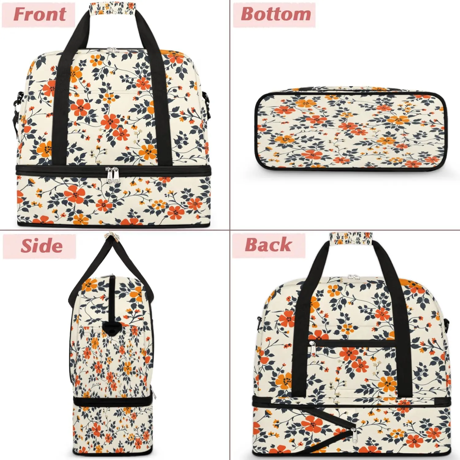 Graceful Flora Beautiful Prints Travel Duffle Bag, Collapsible Travel Bag Sports Gym Bag With Shoes Compartment Weekender Bag Overnight Bag For Women Men