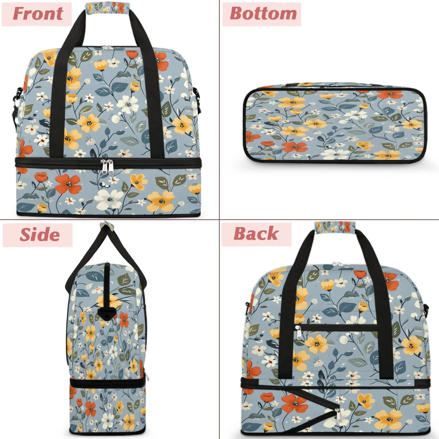 Graceful Flora Beauty Pattern Travel Duffle Bag, Collapsible Travel Bag Sports Gym Bag With Shoes Compartment Weekender Bag Overnight Bag For Women Men