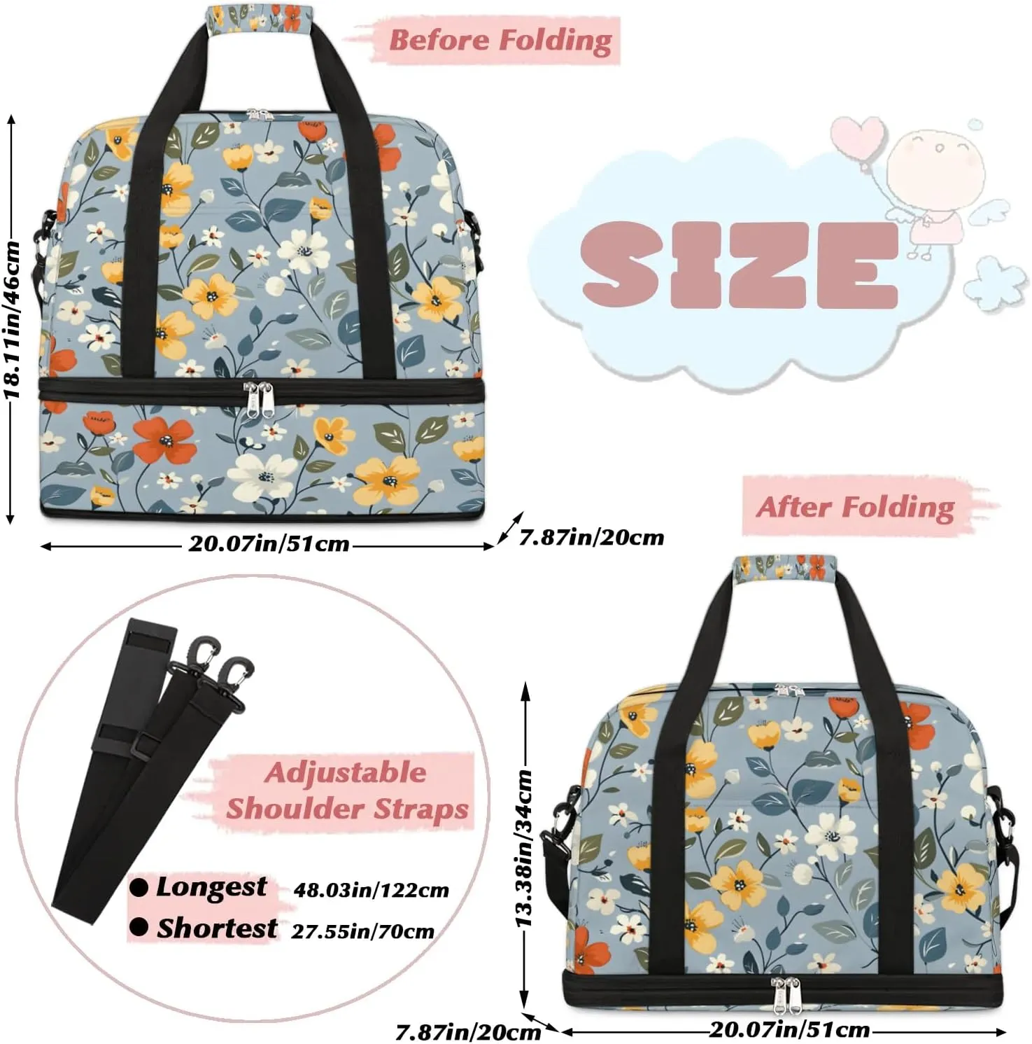Graceful Flora Beauty Pattern Travel Duffle Bag, Collapsible Travel Bag Sports Gym Bag With Shoes Compartment Weekender Bag Overnight Bag For Women Men