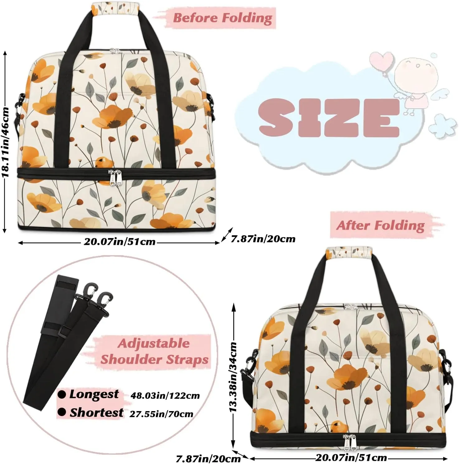 Graceful Flora Beauty Print Travel Duffle Bag, Collapsible Travel Bag Sports Gym Bag With Shoes Compartment Weekender Bag Overnight Bag For Women Men