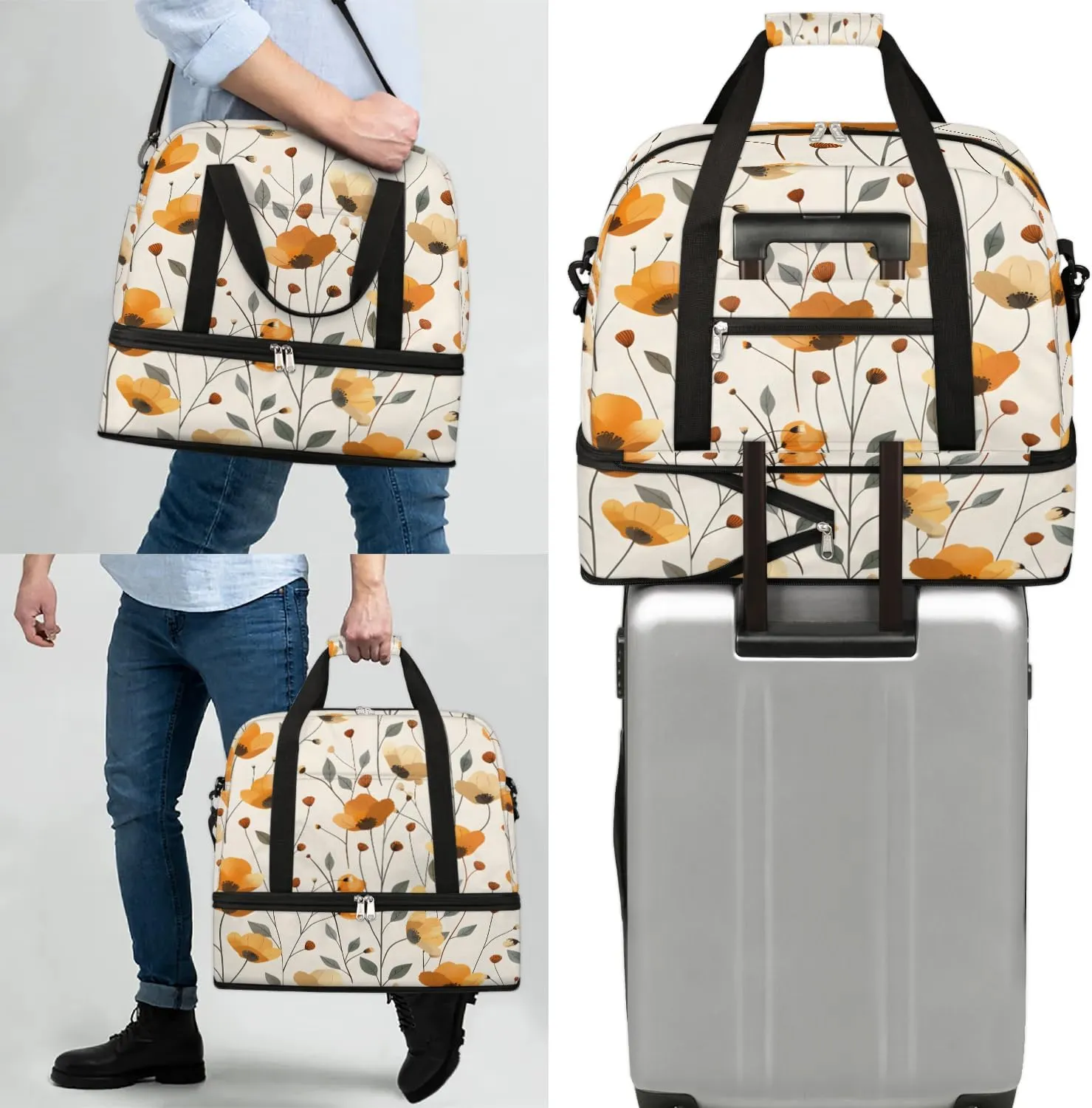 Graceful Flora Beauty Print Travel Duffle Bag, Collapsible Travel Bag Sports Gym Bag With Shoes Compartment Weekender Bag Overnight Bag For Women Men