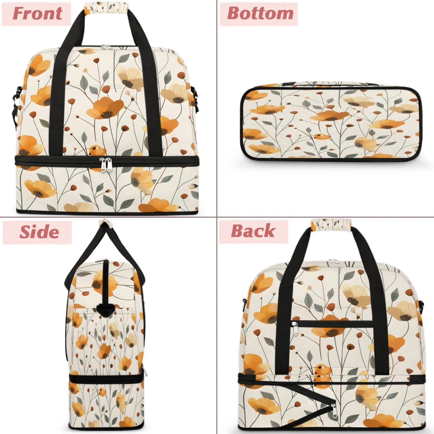 Graceful Flora Beauty Print Travel Duffle Bag, Collapsible Travel Bag Sports Gym Bag With Shoes Compartment Weekender Bag Overnight Bag For Women Men