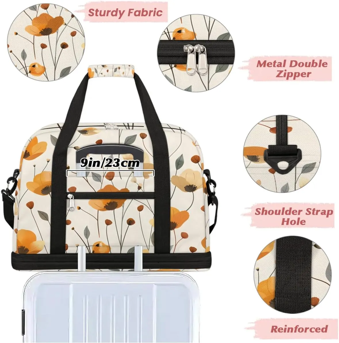 Graceful Flora Beauty Print Travel Duffle Bag, Collapsible Travel Bag Sports Gym Bag With Shoes Compartment Weekender Bag Overnight Bag For Women Men