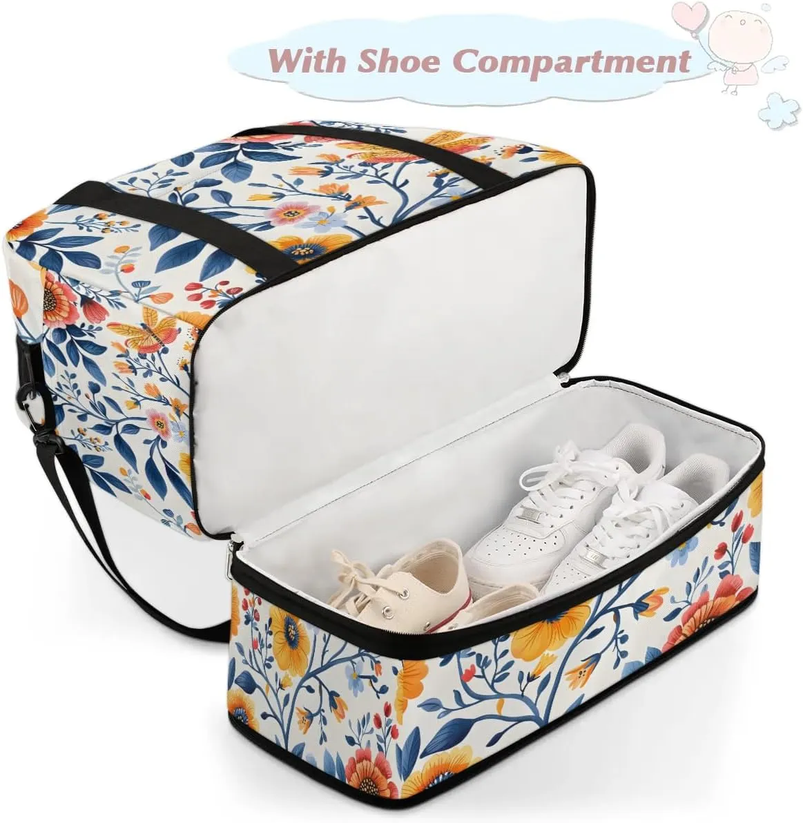 Graceful Flora Beauty Prints Travel Duffle Bag, Collapsible Travel Bag Sports Gym Bag With Shoes Compartment Weekender Bag Overnight Bag For Women Men
