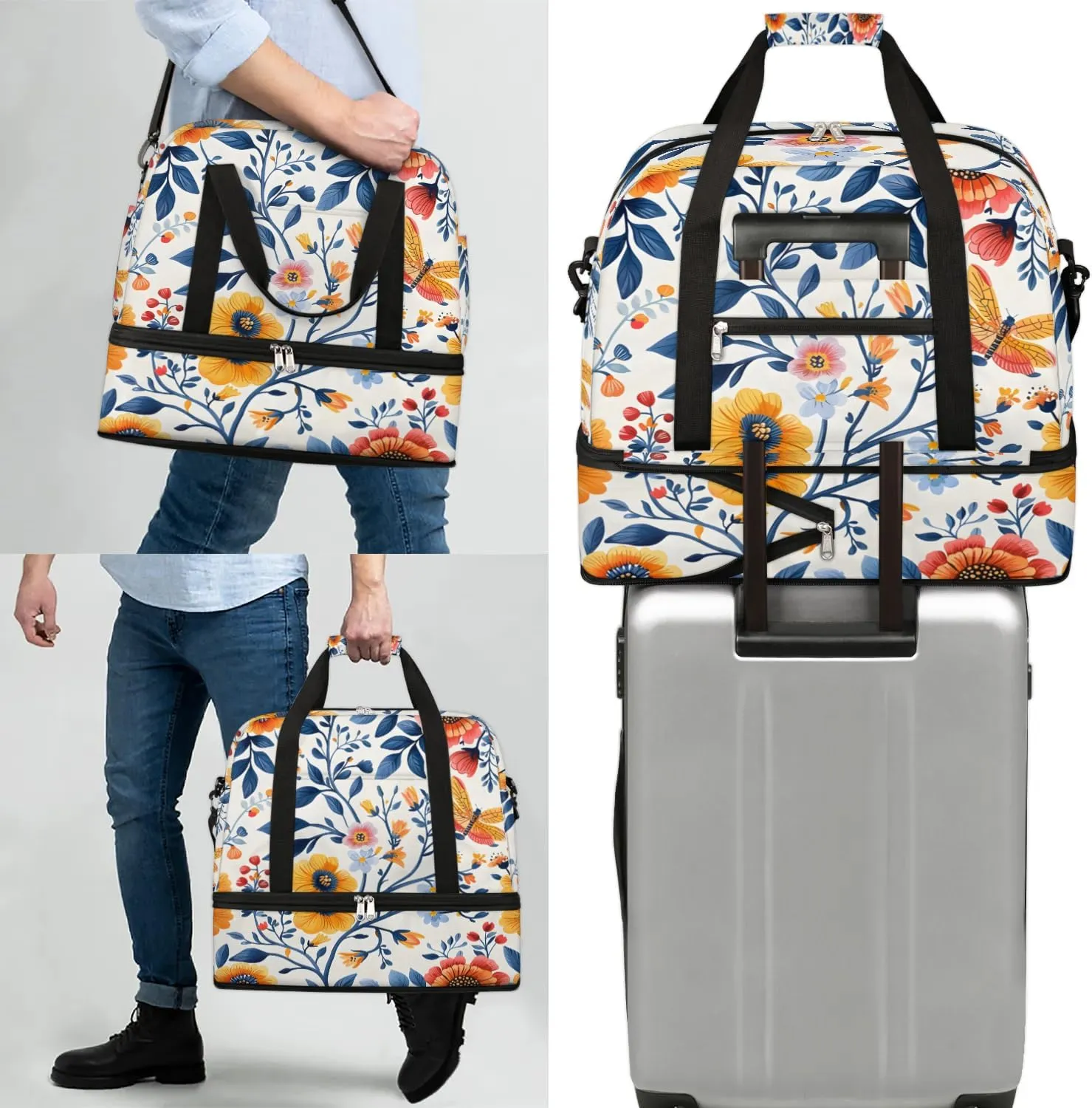 Graceful Flora Beauty Prints Travel Duffle Bag, Collapsible Travel Bag Sports Gym Bag With Shoes Compartment Weekender Bag Overnight Bag For Women Men