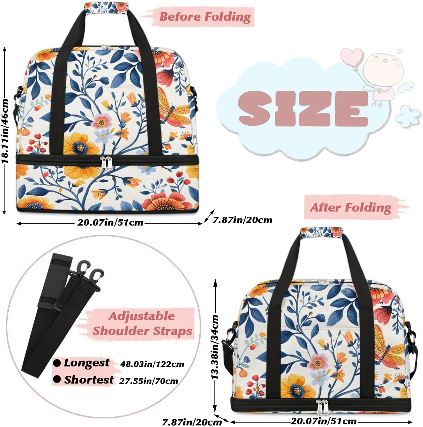 Graceful Flora Beauty Prints Travel Duffle Bag, Collapsible Travel Bag Sports Gym Bag With Shoes Compartment Weekender Bag Overnight Bag For Women Men