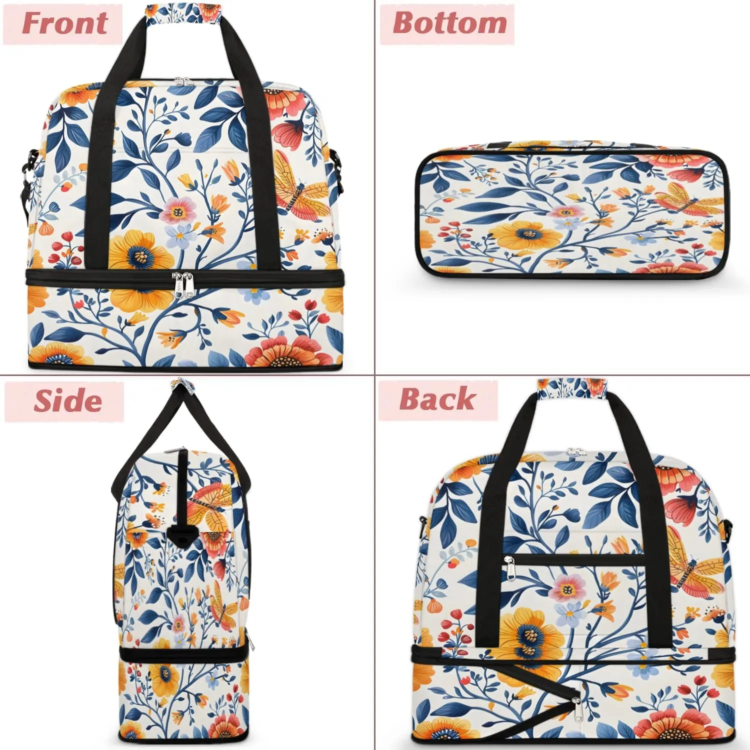 Graceful Flora Beauty Prints Travel Duffle Bag, Collapsible Travel Bag Sports Gym Bag With Shoes Compartment Weekender Bag Overnight Bag For Women Men