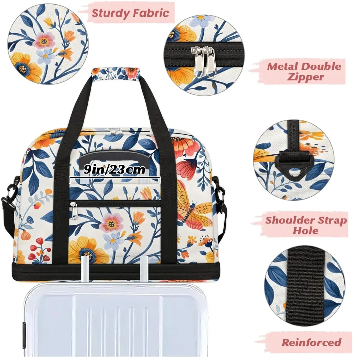 Graceful Flora Beauty Prints Travel Duffle Bag, Collapsible Travel Bag Sports Gym Bag With Shoes Compartment Weekender Bag Overnight Bag For Women Men