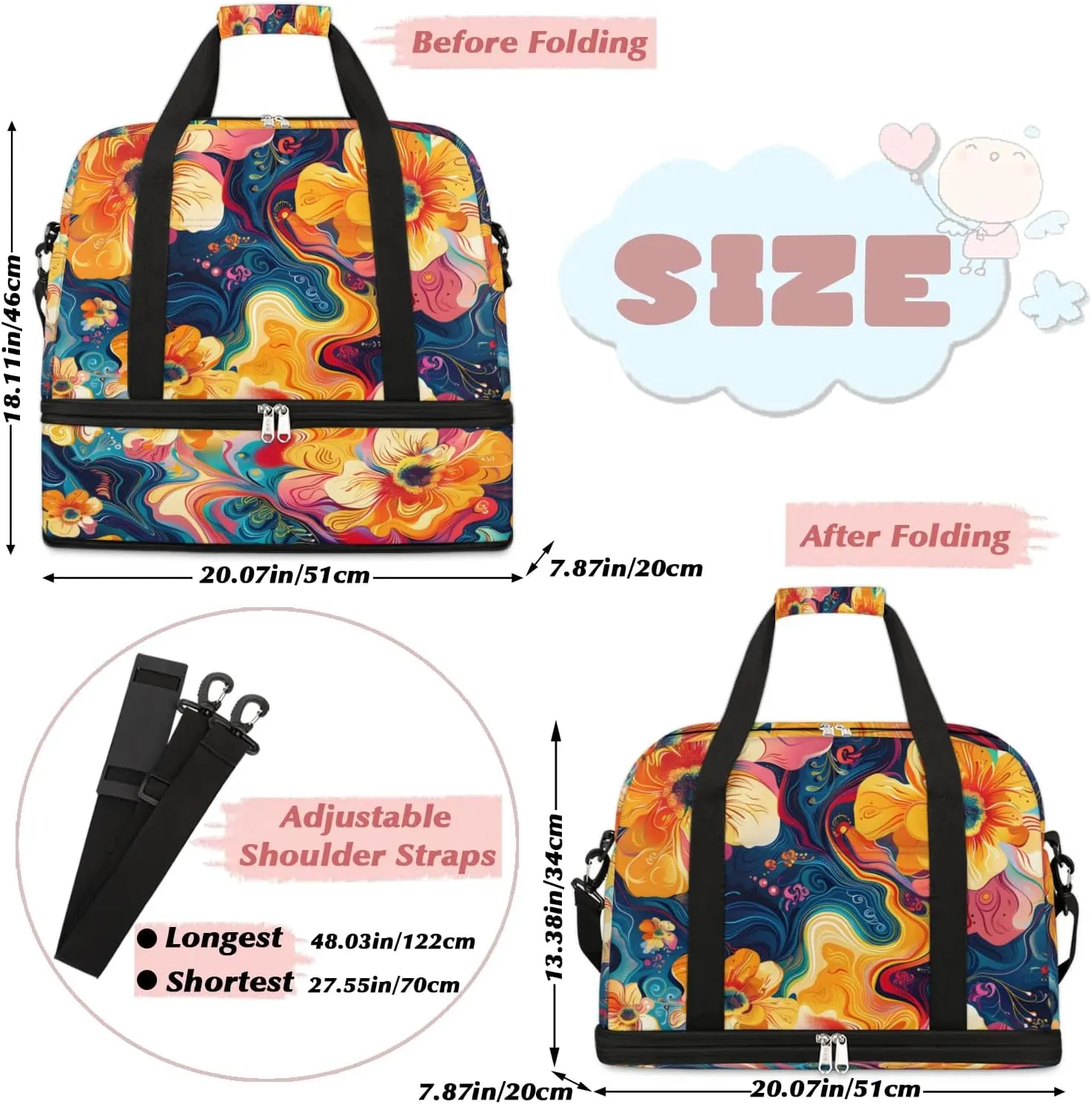 Graceful Flora Patterns Colorful Travel Duffle Bag, Collapsible Travel Bag Sports Gym Bag With Shoes Compartment Weekender Bag Overnight Bag For Women Men