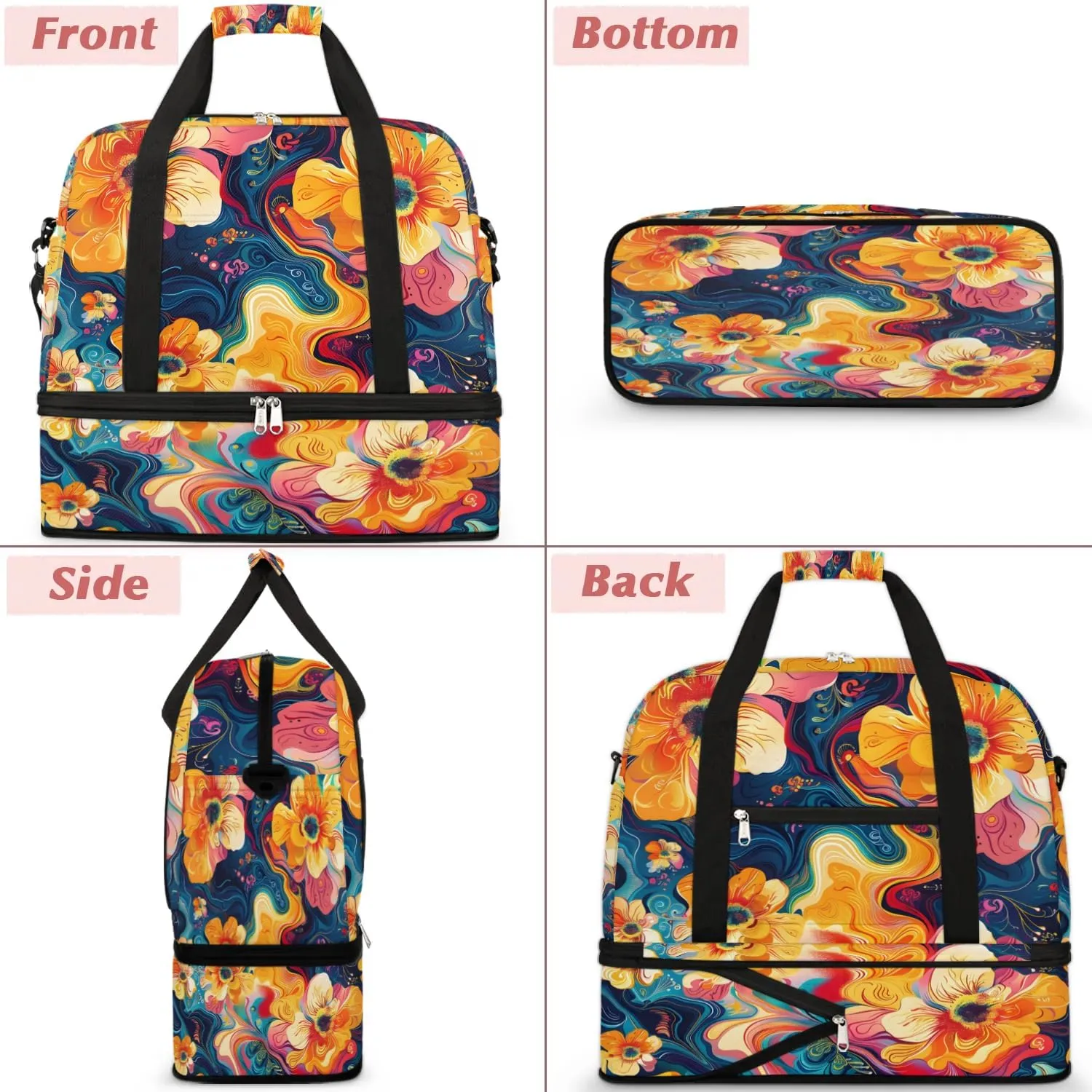 Graceful Flora Patterns Colorful Travel Duffle Bag, Collapsible Travel Bag Sports Gym Bag With Shoes Compartment Weekender Bag Overnight Bag For Women Men