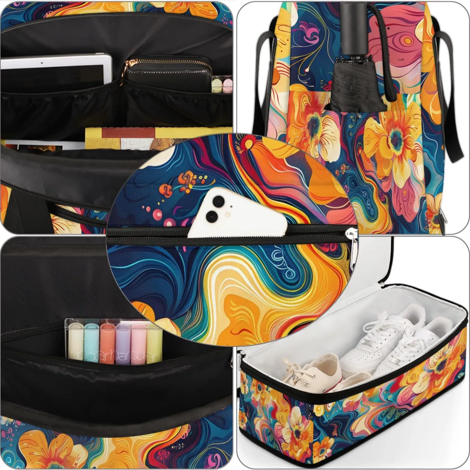 Graceful Flora Patterns Colorful Travel Duffle Bag, Collapsible Travel Bag Sports Gym Bag With Shoes Compartment Weekender Bag Overnight Bag For Women Men