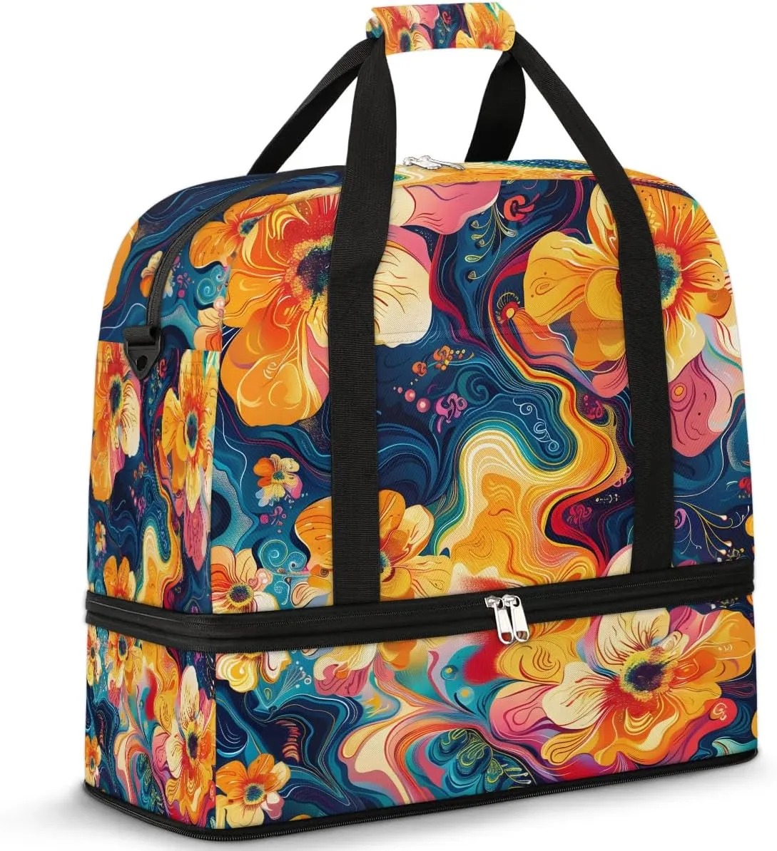 Graceful Flora Patterns Colorful Travel Duffle Bag, Collapsible Travel Bag Sports Gym Bag With Shoes Compartment Weekender Bag Overnight Bag For Women Men