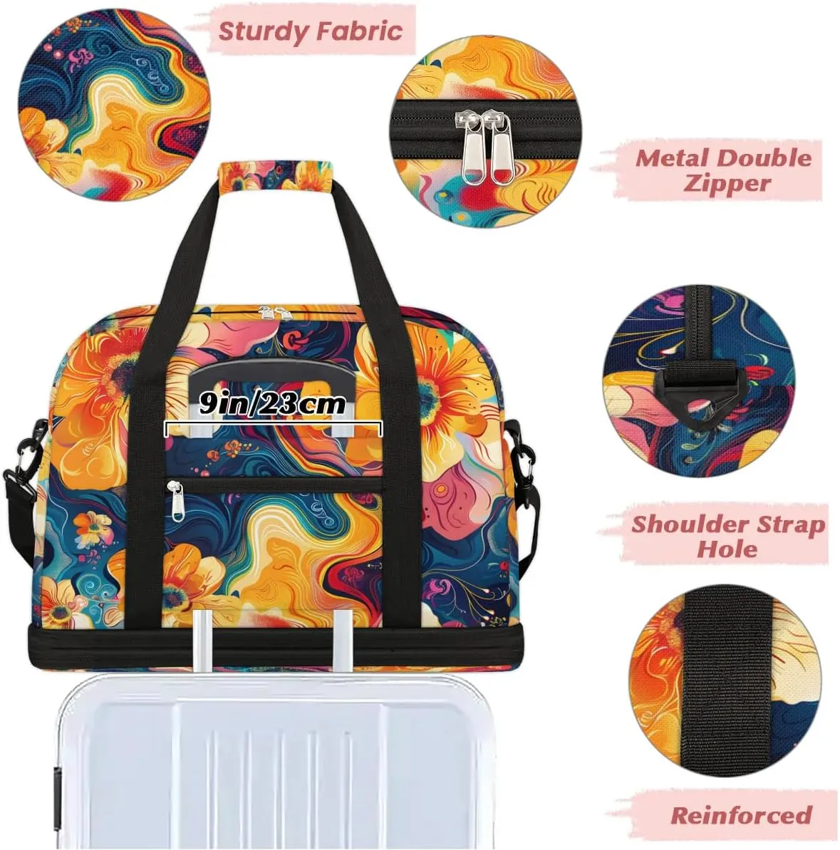 Graceful Flora Patterns Colorful Travel Duffle Bag, Collapsible Travel Bag Sports Gym Bag With Shoes Compartment Weekender Bag Overnight Bag For Women Men