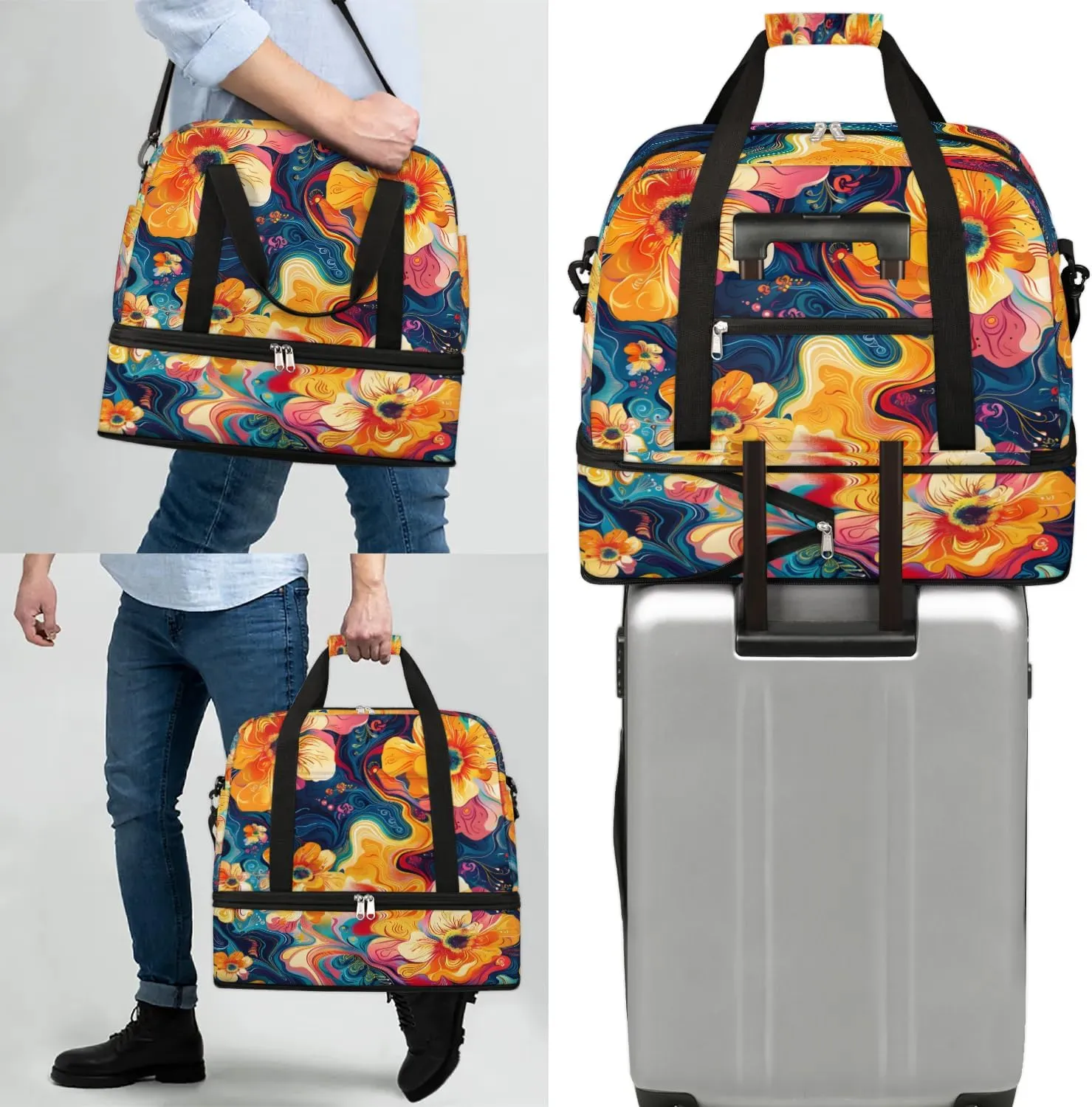 Graceful Flora Patterns Colorful Travel Duffle Bag, Collapsible Travel Bag Sports Gym Bag With Shoes Compartment Weekender Bag Overnight Bag For Women Men