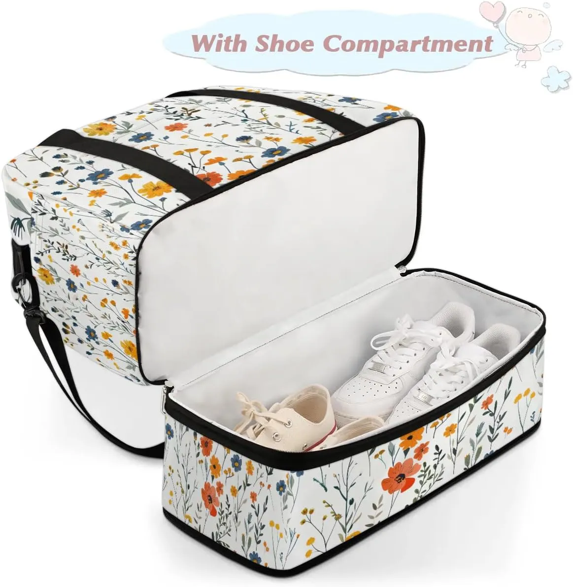 Graceful Flora Retro Pattern Travel Duffle Bag, Collapsible Travel Bag Sports Gym Bag With Shoes Compartment Weekender Bag Overnight Bag For Women Men