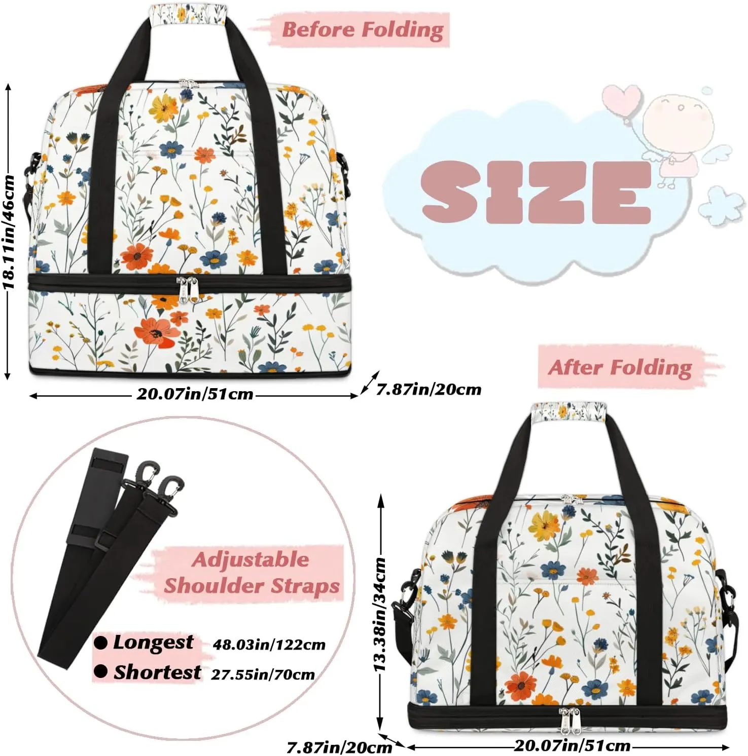 Graceful Flora Retro Pattern Travel Duffle Bag, Collapsible Travel Bag Sports Gym Bag With Shoes Compartment Weekender Bag Overnight Bag For Women Men