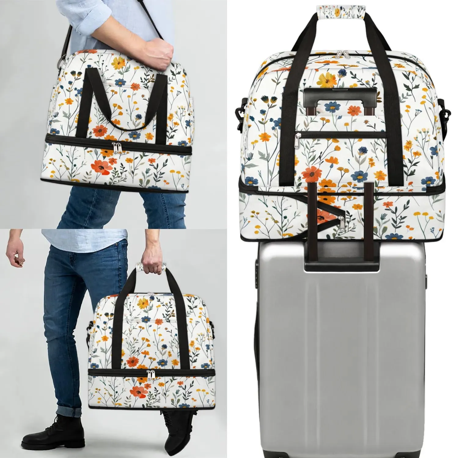 Graceful Flora Retro Pattern Travel Duffle Bag, Collapsible Travel Bag Sports Gym Bag With Shoes Compartment Weekender Bag Overnight Bag For Women Men
