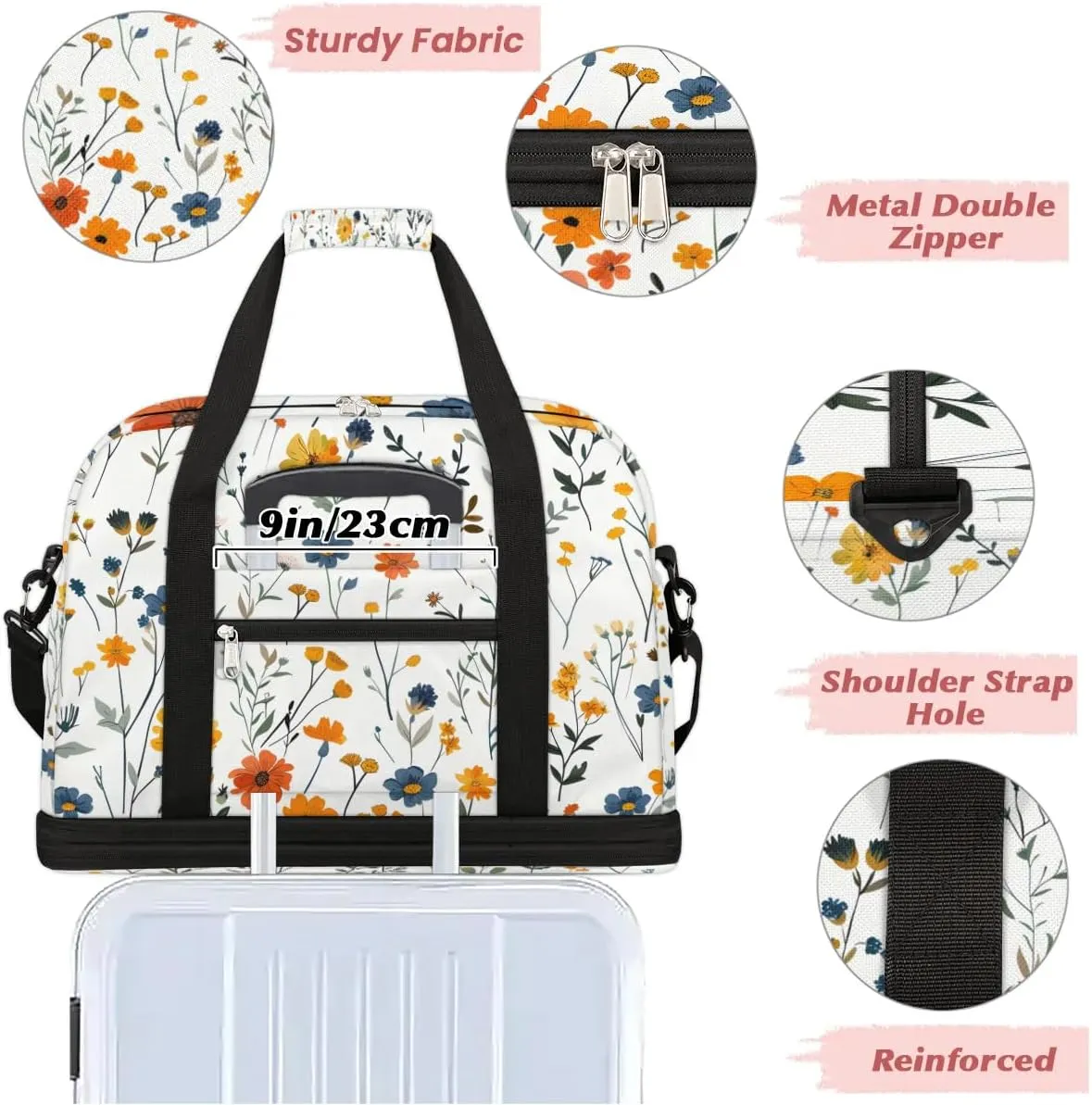 Graceful Flora Retro Pattern Travel Duffle Bag, Collapsible Travel Bag Sports Gym Bag With Shoes Compartment Weekender Bag Overnight Bag For Women Men
