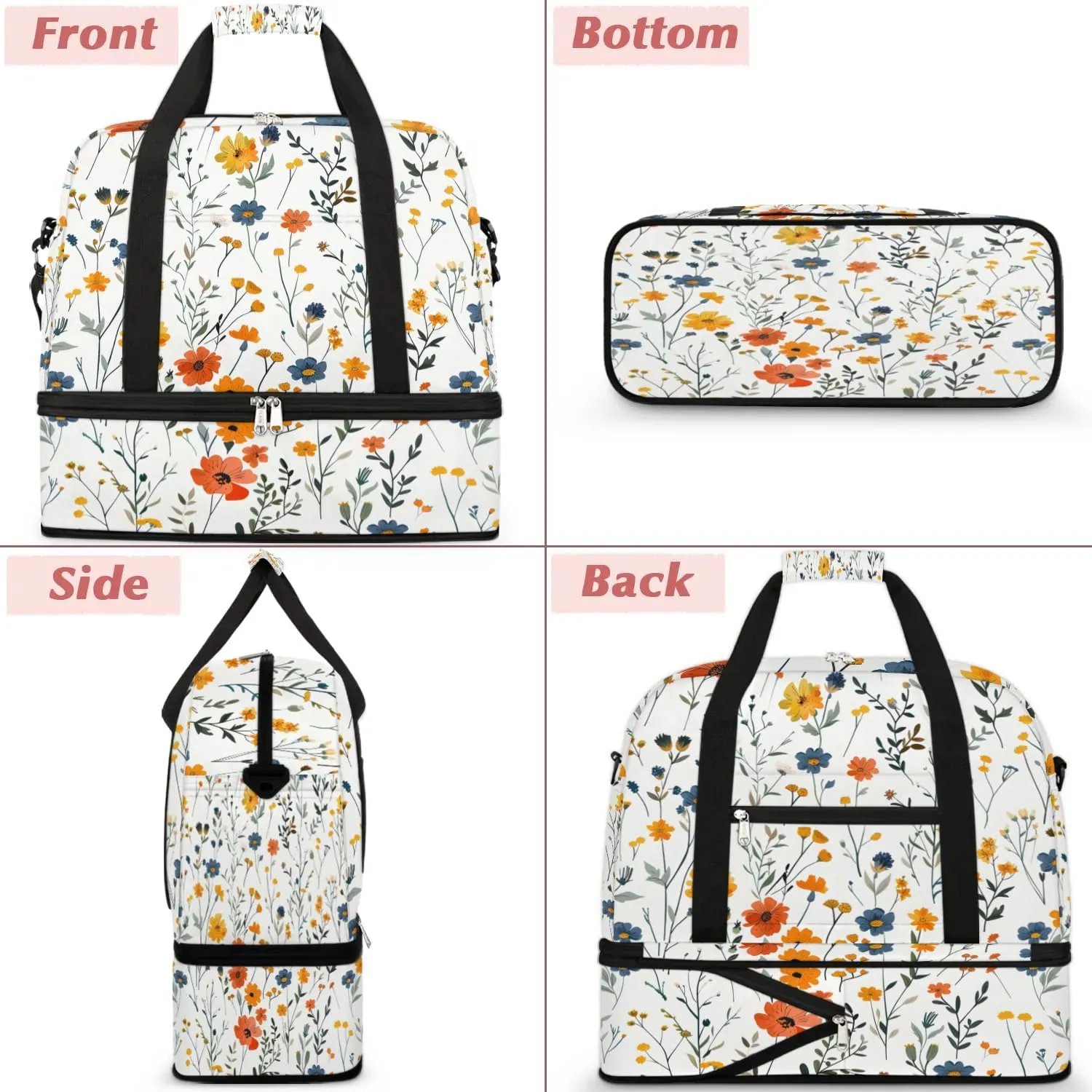 Graceful Flora Retro Pattern Travel Duffle Bag, Collapsible Travel Bag Sports Gym Bag With Shoes Compartment Weekender Bag Overnight Bag For Women Men