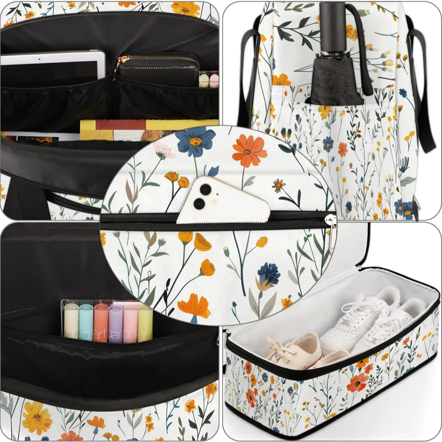 Graceful Flora Retro Pattern Travel Duffle Bag, Collapsible Travel Bag Sports Gym Bag With Shoes Compartment Weekender Bag Overnight Bag For Women Men