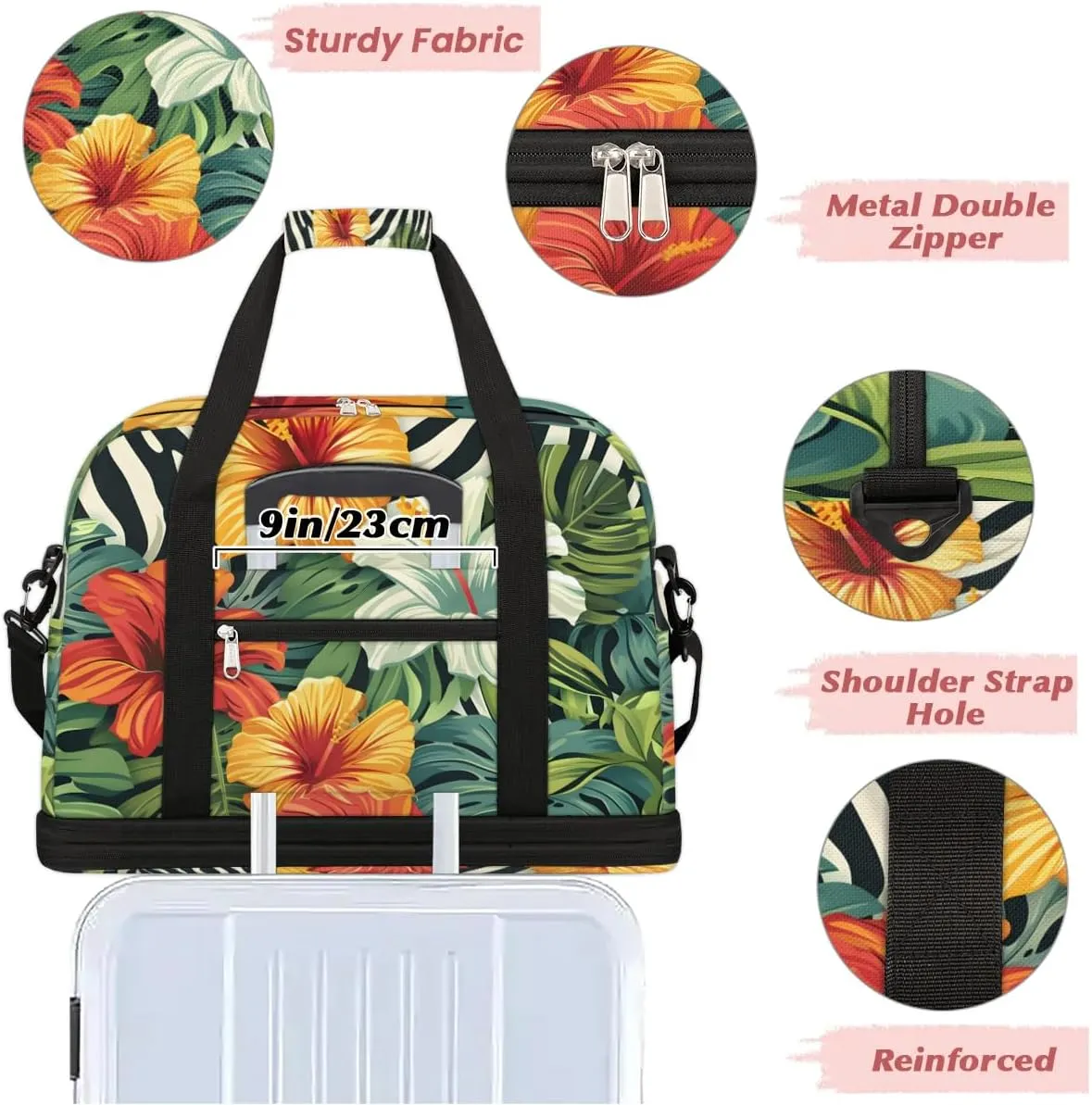 Graceful Flower Beautiful Prints Travel Duffle Bag, Collapsible Travel Bag Sports Gym Bag With Shoes Compartment Weekender Bag Overnight Bag For Women Men