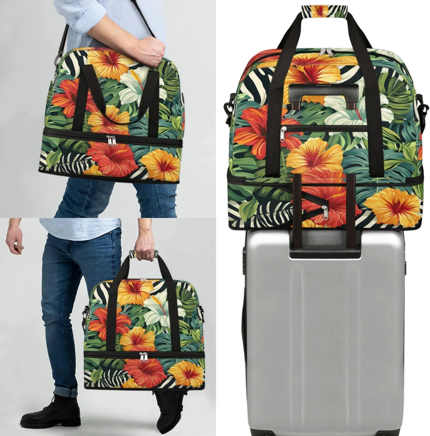 Graceful Flower Beautiful Prints Travel Duffle Bag, Collapsible Travel Bag Sports Gym Bag With Shoes Compartment Weekender Bag Overnight Bag For Women Men