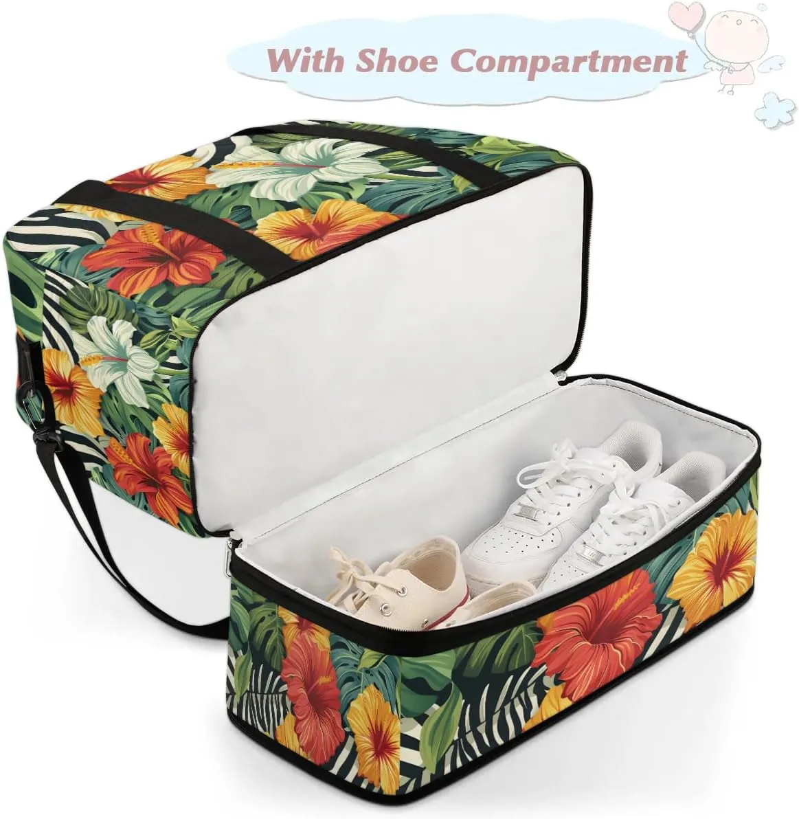 Graceful Flower Beautiful Prints Travel Duffle Bag, Collapsible Travel Bag Sports Gym Bag With Shoes Compartment Weekender Bag Overnight Bag For Women Men