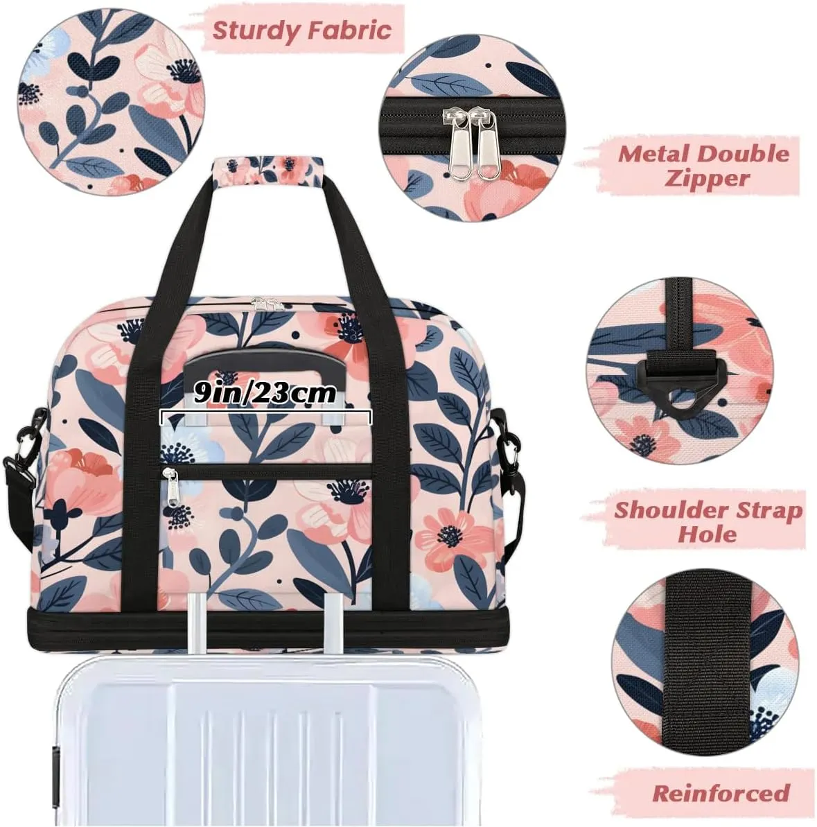 Graceful Flower Beauty Print Travel Duffle Bag, Collapsible Travel Bag Sports Gym Bag With Shoes Compartment Weekender Bag Overnight Bag For Women Men