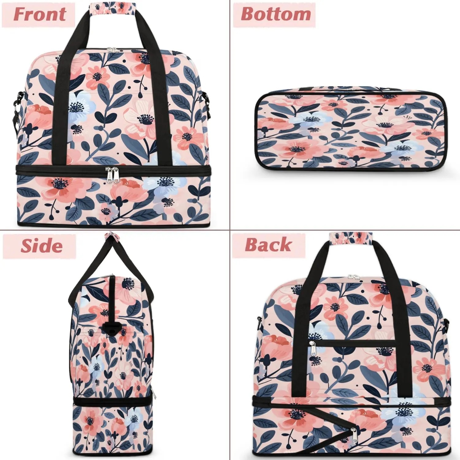 Graceful Flower Beauty Print Travel Duffle Bag, Collapsible Travel Bag Sports Gym Bag With Shoes Compartment Weekender Bag Overnight Bag For Women Men