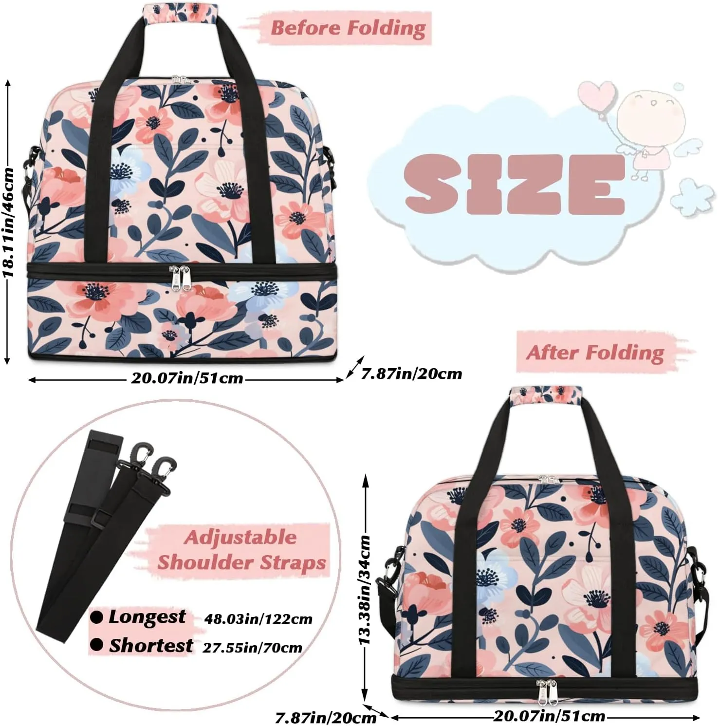 Graceful Flower Beauty Print Travel Duffle Bag, Collapsible Travel Bag Sports Gym Bag With Shoes Compartment Weekender Bag Overnight Bag For Women Men
