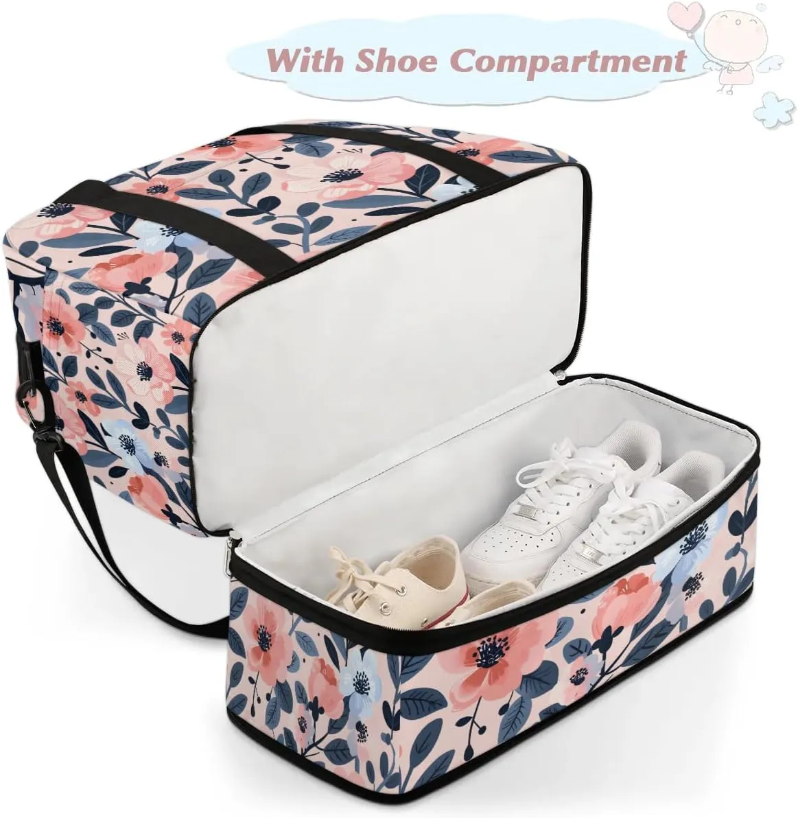 Graceful Flower Beauty Print Travel Duffle Bag, Collapsible Travel Bag Sports Gym Bag With Shoes Compartment Weekender Bag Overnight Bag For Women Men