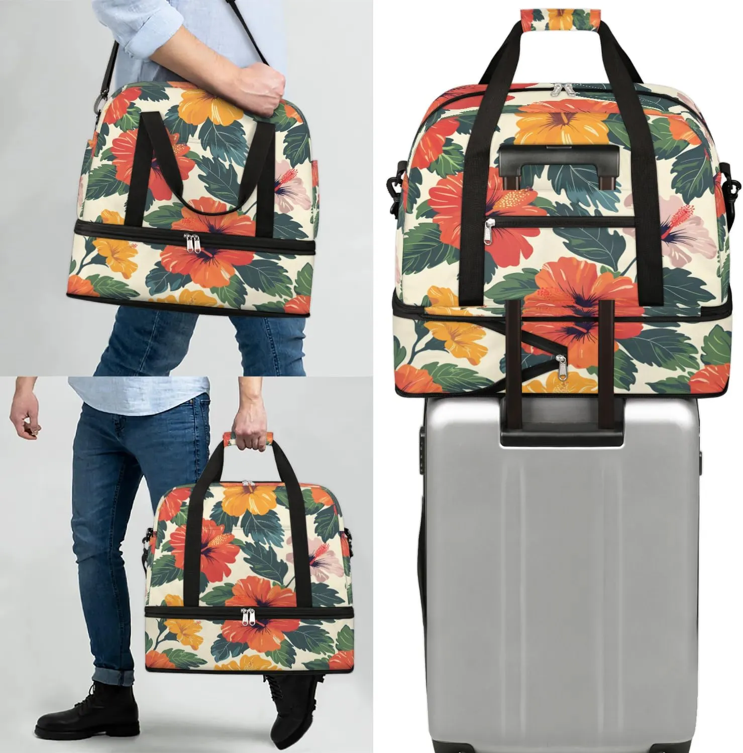 Graceful Flower Colorful Pattern Travel Duffle Bag, Collapsible Travel Bag Sports Gym Bag With Shoes Compartment Weekender Bag Overnight Bag For Women Men