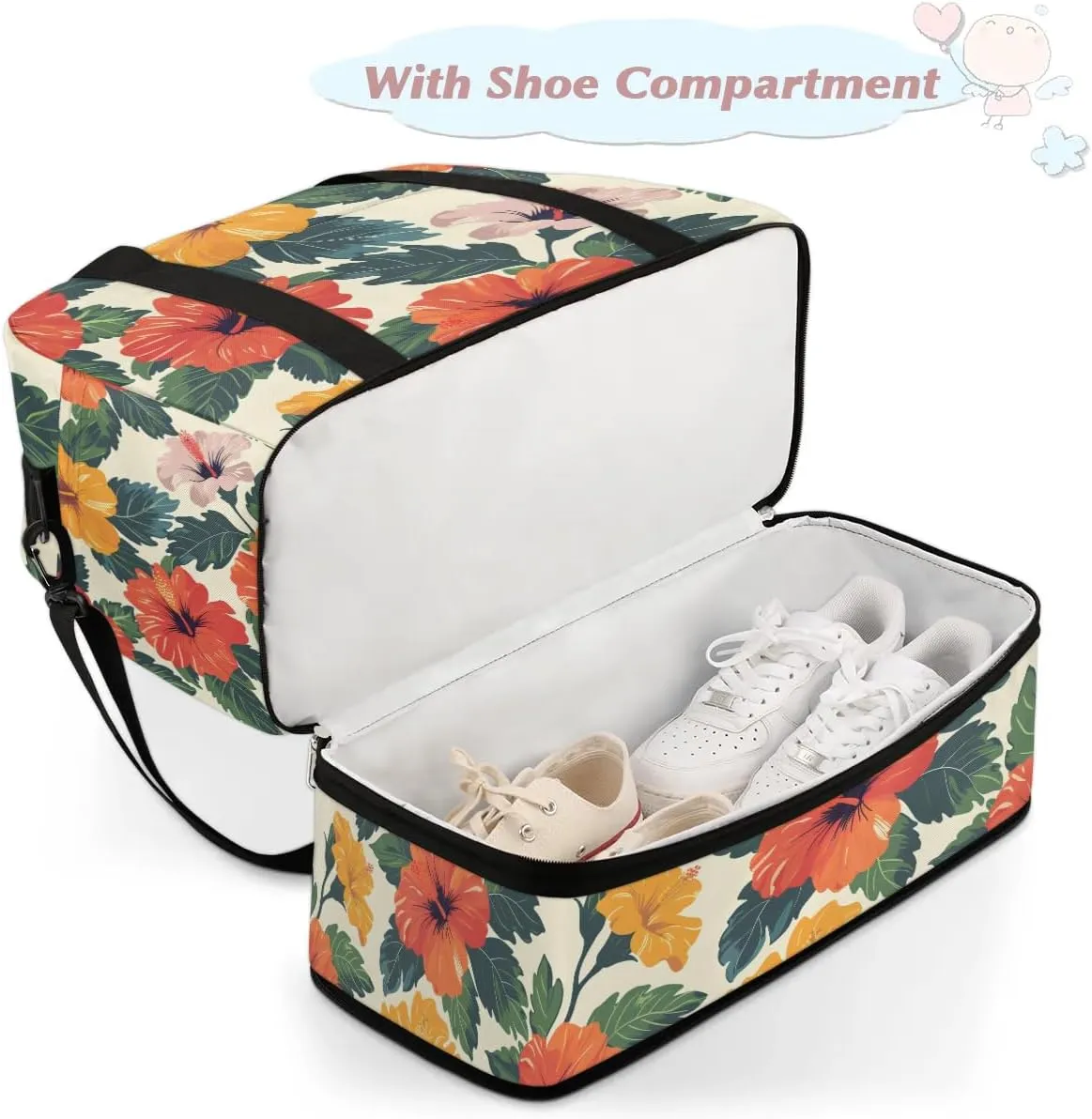Graceful Flower Colorful Pattern Travel Duffle Bag, Collapsible Travel Bag Sports Gym Bag With Shoes Compartment Weekender Bag Overnight Bag For Women Men