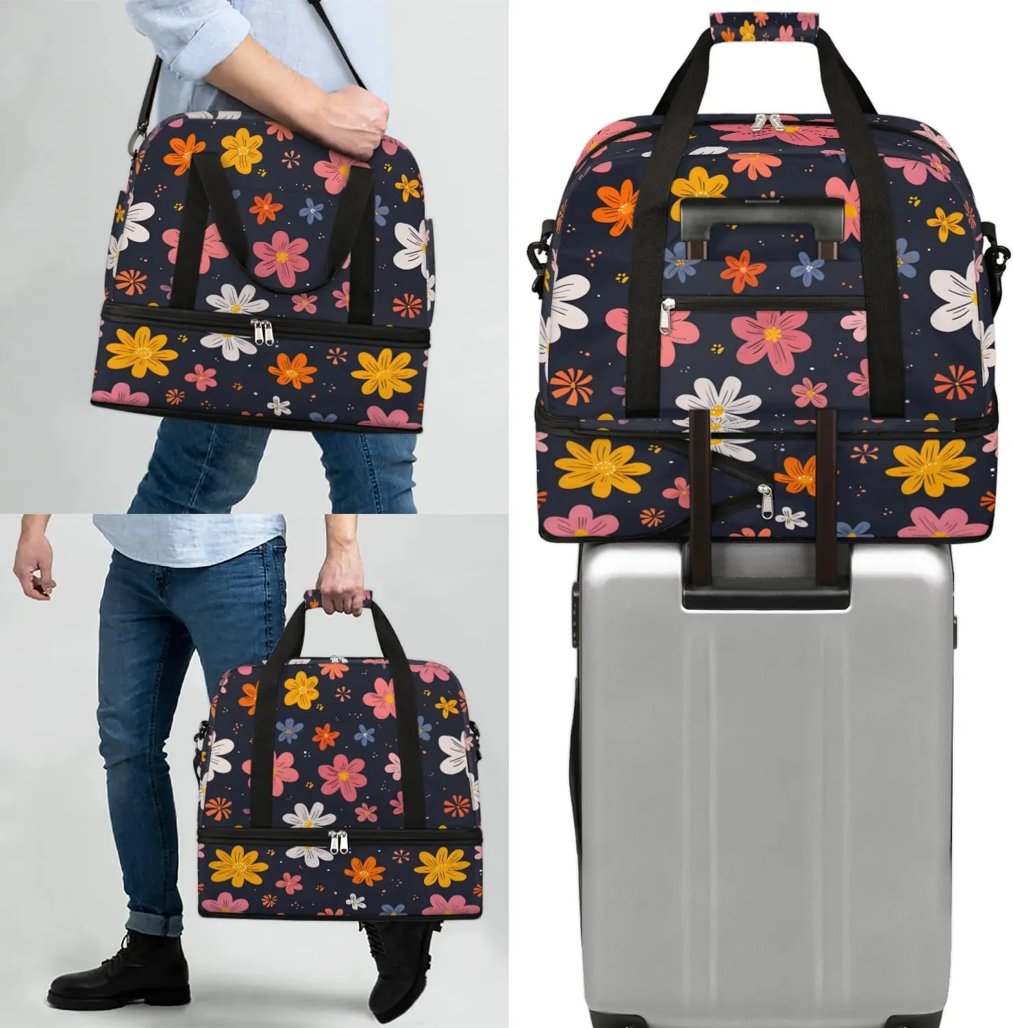 Graceful Flower Colorful Print Travel Duffle Bag, Collapsible Travel Bag Sports Gym Bag With Shoes Compartment Weekender Bag Overnight Bag For Women Men