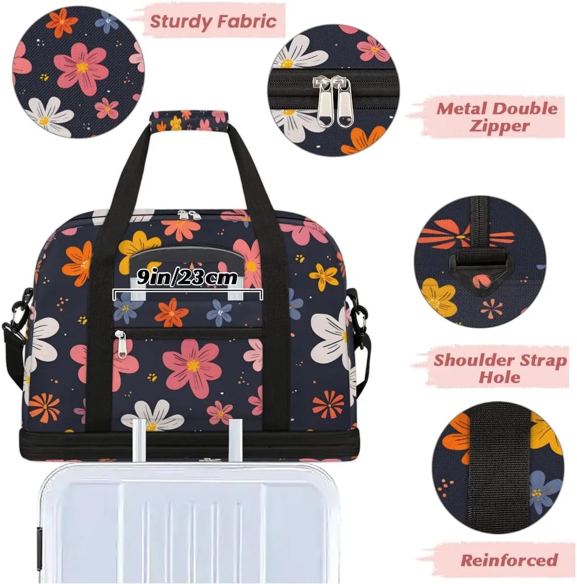 Graceful Flower Colorful Print Travel Duffle Bag, Collapsible Travel Bag Sports Gym Bag With Shoes Compartment Weekender Bag Overnight Bag For Women Men