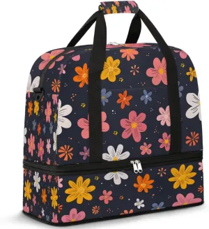 Graceful Flower Colorful Print Travel Duffle Bag, Collapsible Travel Bag Sports Gym Bag With Shoes Compartment Weekender Bag Overnight Bag For Women Men