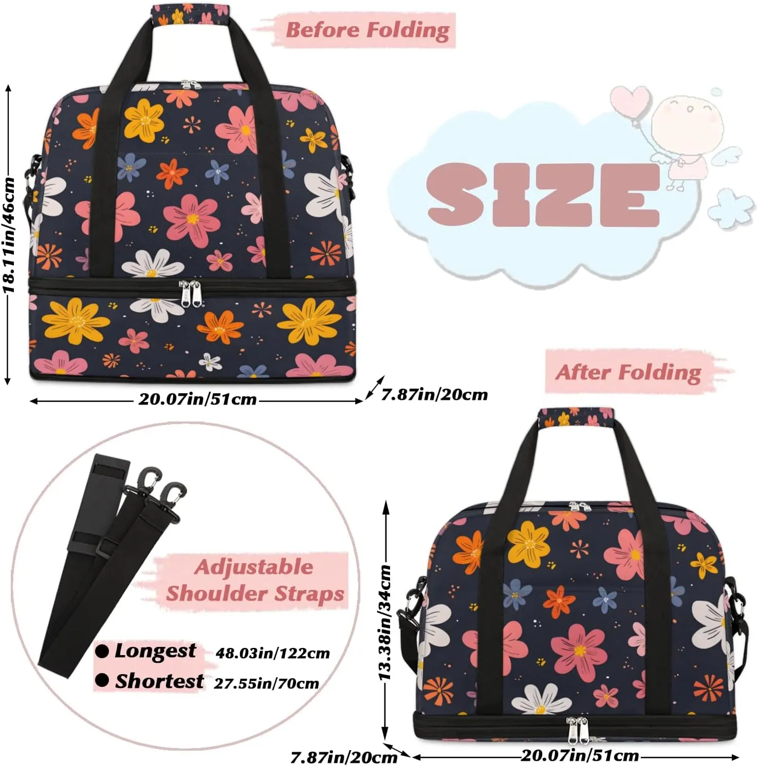 Graceful Flower Colorful Print Travel Duffle Bag, Collapsible Travel Bag Sports Gym Bag With Shoes Compartment Weekender Bag Overnight Bag For Women Men