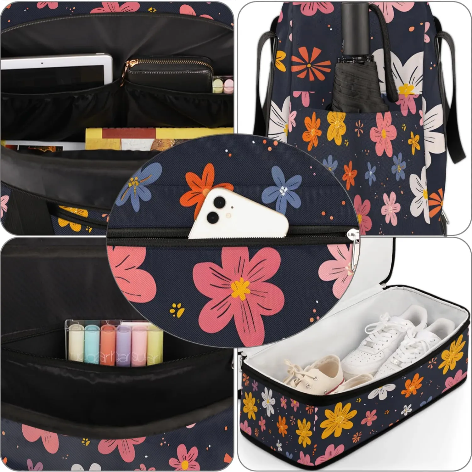 Graceful Flower Colorful Print Travel Duffle Bag, Collapsible Travel Bag Sports Gym Bag With Shoes Compartment Weekender Bag Overnight Bag For Women Men