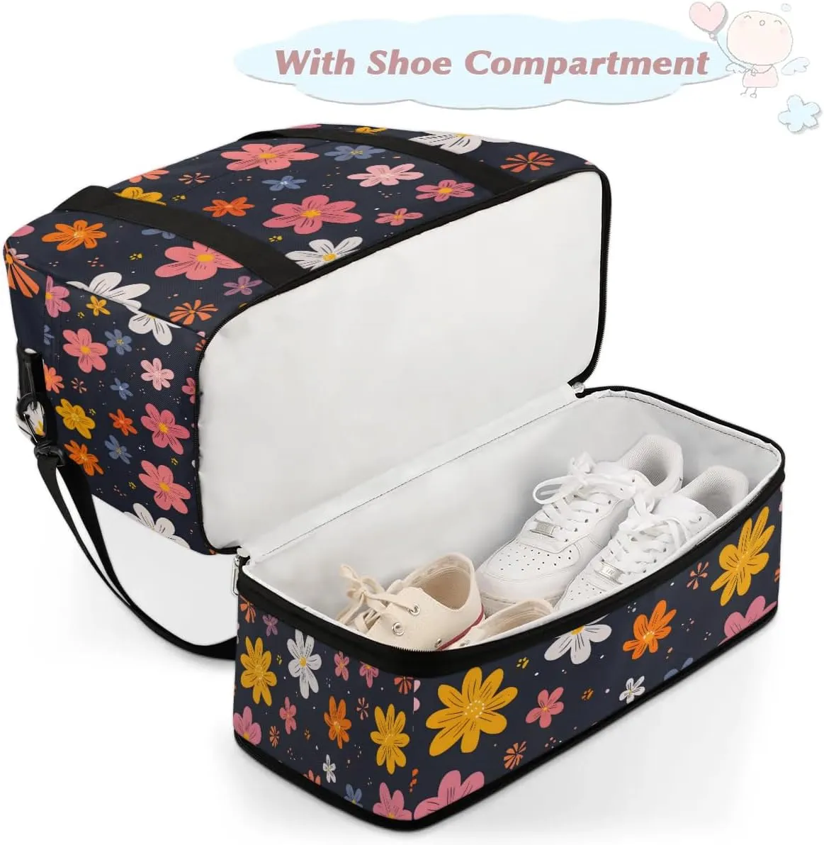 Graceful Flower Colorful Print Travel Duffle Bag, Collapsible Travel Bag Sports Gym Bag With Shoes Compartment Weekender Bag Overnight Bag For Women Men