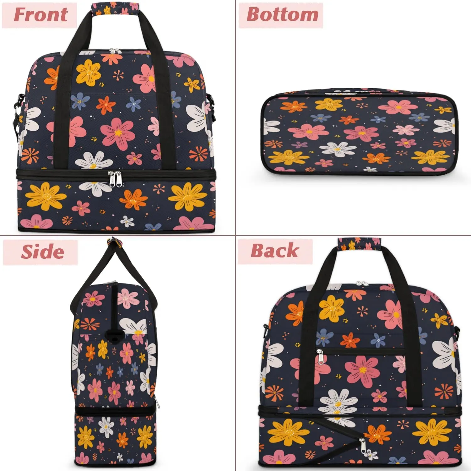 Graceful Flower Colorful Print Travel Duffle Bag, Collapsible Travel Bag Sports Gym Bag With Shoes Compartment Weekender Bag Overnight Bag For Women Men
