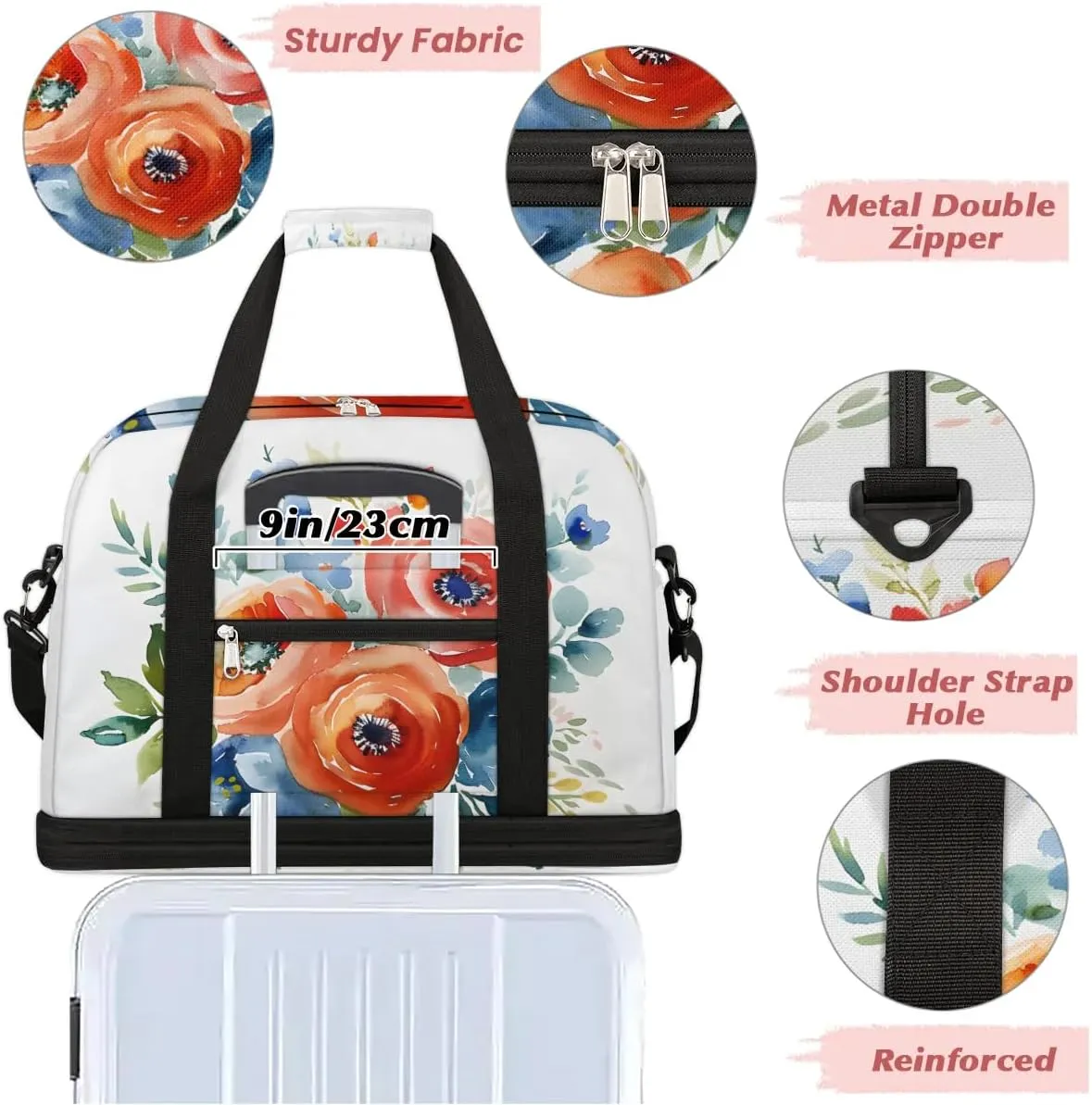 Graceful Flower Patterns Colorful Travel Duffle Bag, Collapsible Travel Bag Sports Gym Bag With Shoes Compartment Weekender Bag Overnight Bag For Women Men