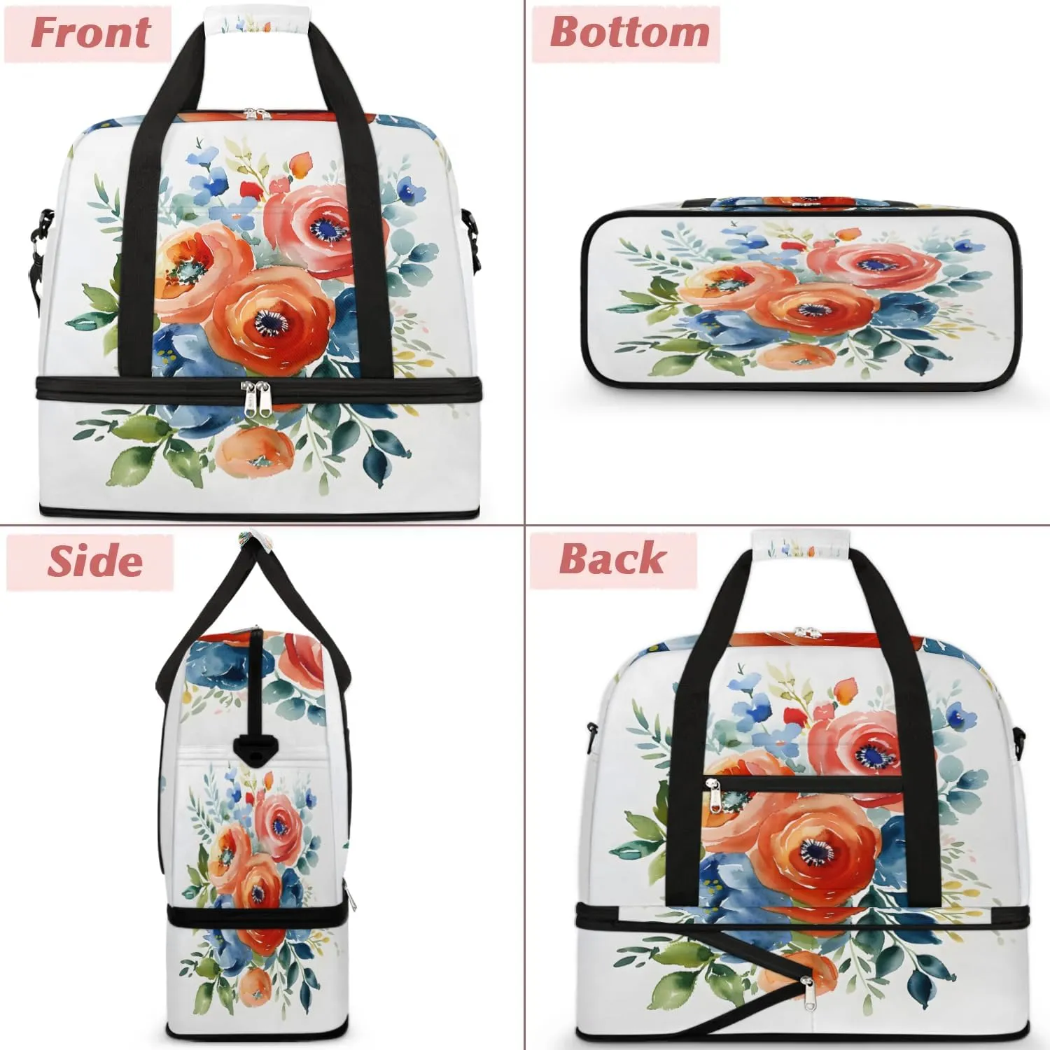 Graceful Flower Patterns Colorful Travel Duffle Bag, Collapsible Travel Bag Sports Gym Bag With Shoes Compartment Weekender Bag Overnight Bag For Women Men