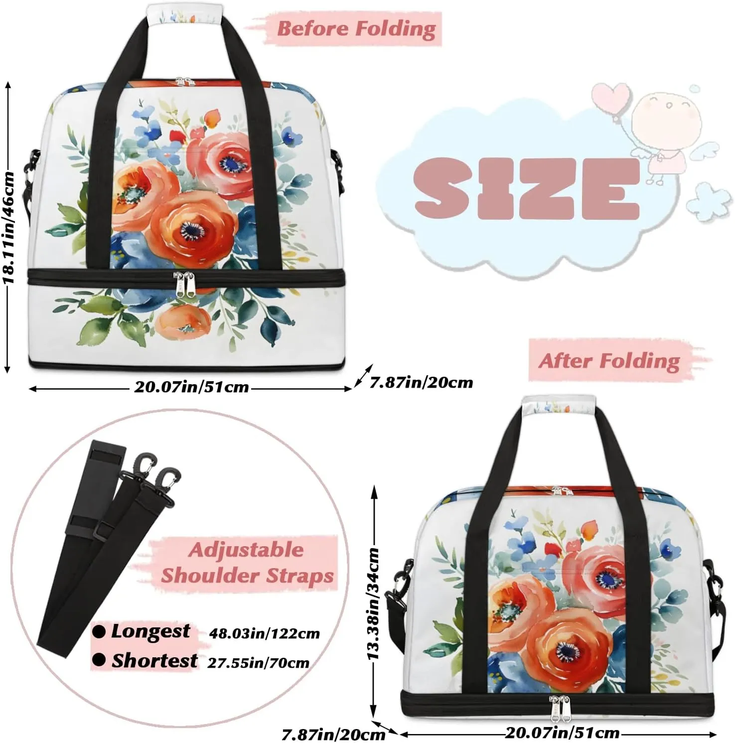 Graceful Flower Patterns Colorful Travel Duffle Bag, Collapsible Travel Bag Sports Gym Bag With Shoes Compartment Weekender Bag Overnight Bag For Women Men