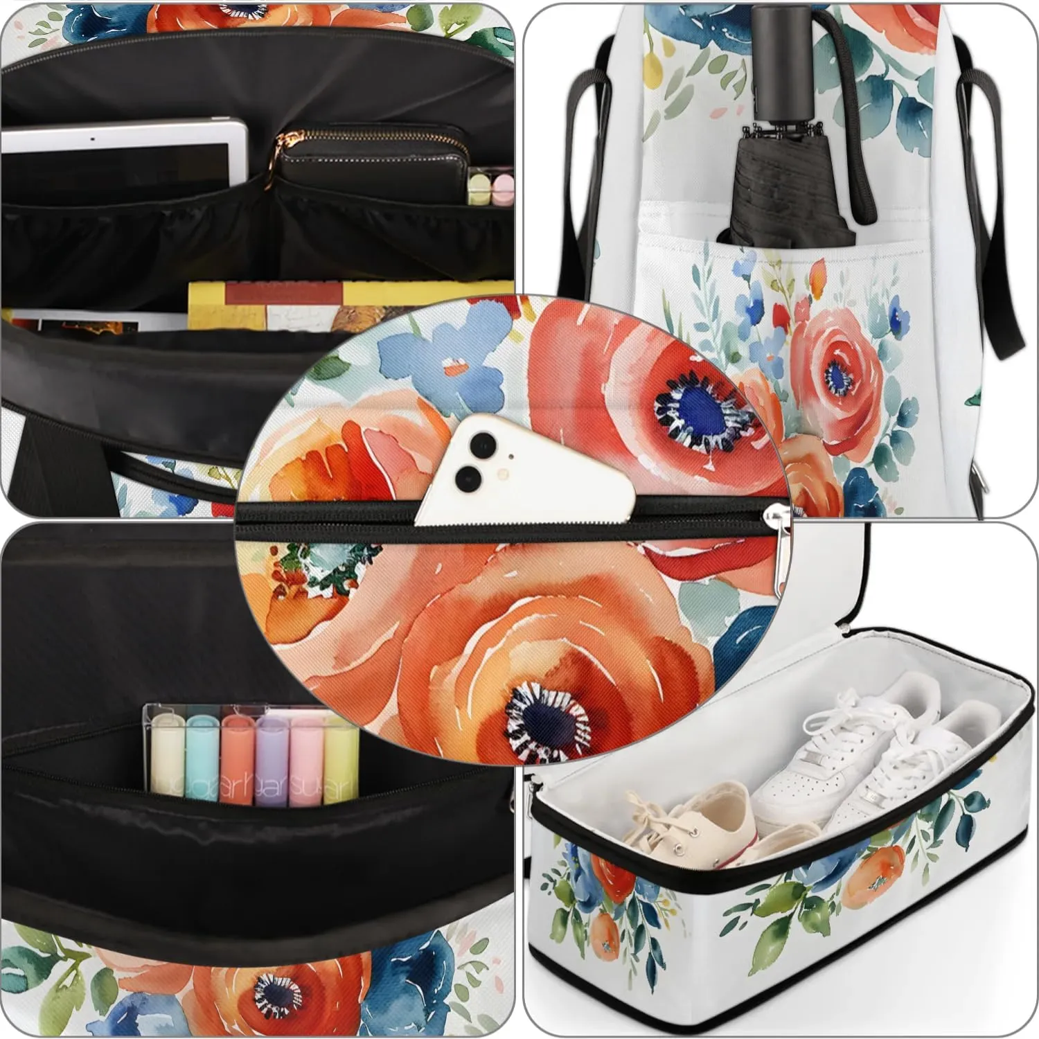 Graceful Flower Patterns Colorful Travel Duffle Bag, Collapsible Travel Bag Sports Gym Bag With Shoes Compartment Weekender Bag Overnight Bag For Women Men