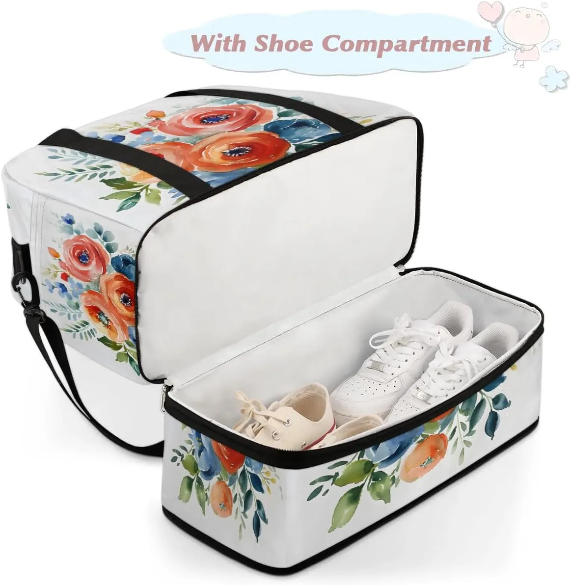 Graceful Flower Patterns Colorful Travel Duffle Bag, Collapsible Travel Bag Sports Gym Bag With Shoes Compartment Weekender Bag Overnight Bag For Women Men