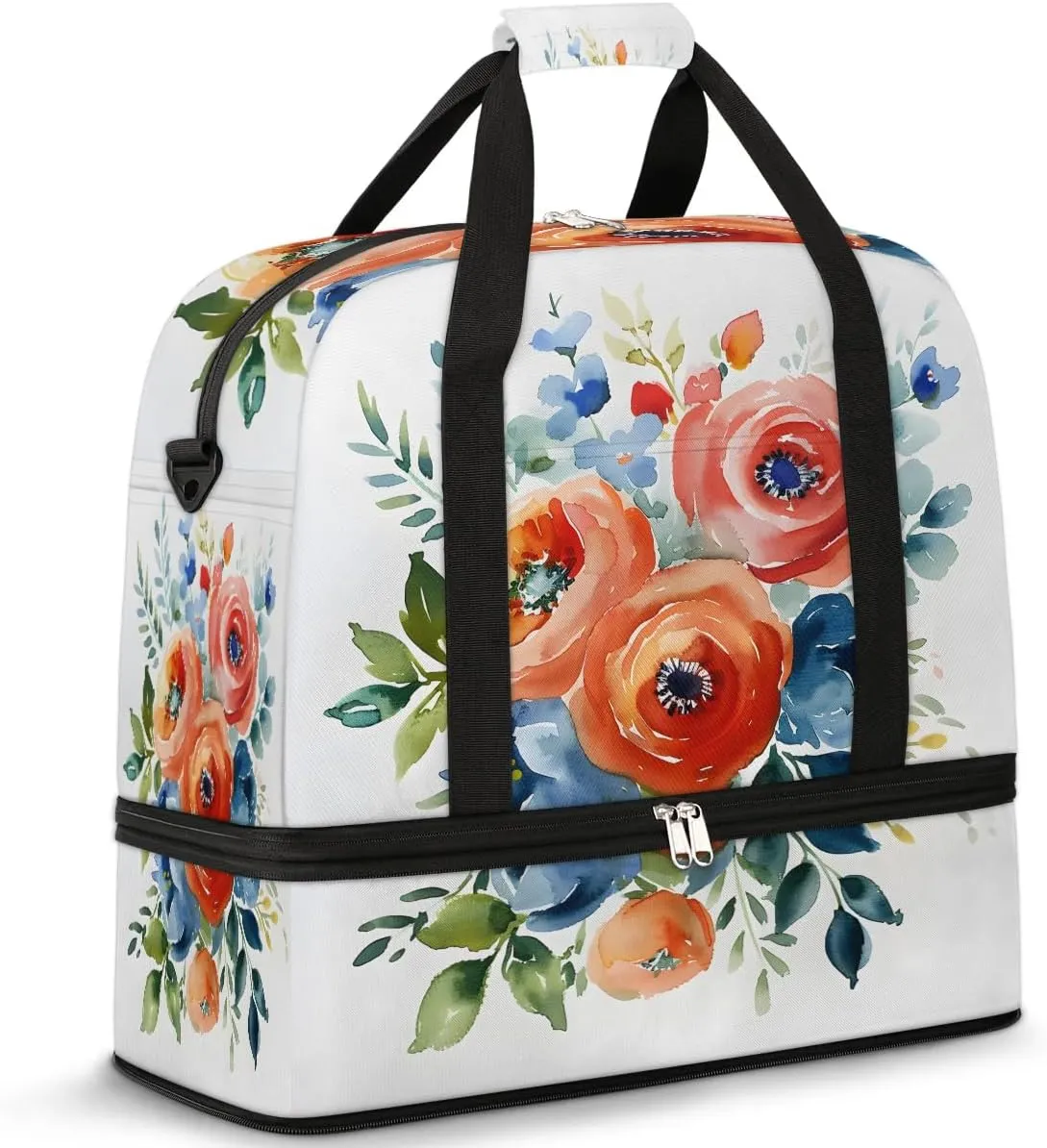Graceful Flower Patterns Colorful Travel Duffle Bag, Collapsible Travel Bag Sports Gym Bag With Shoes Compartment Weekender Bag Overnight Bag For Women Men